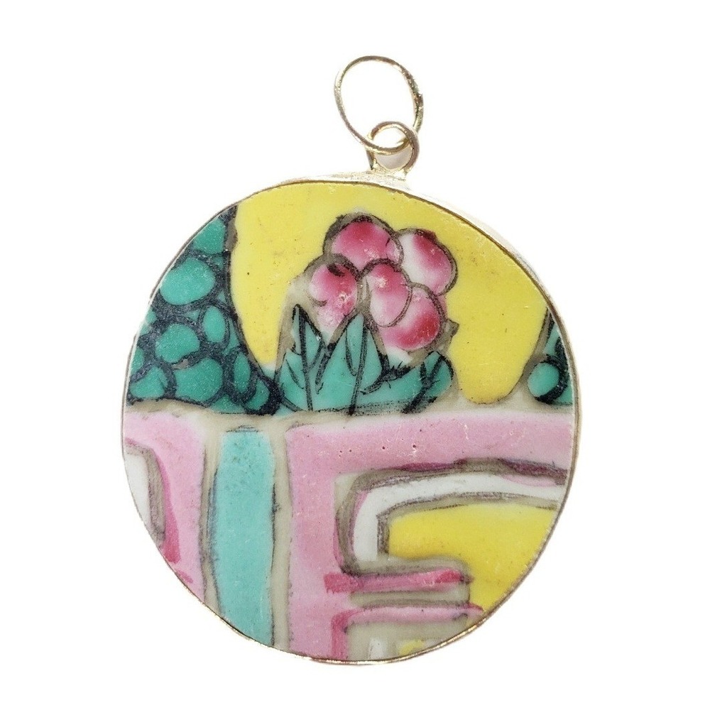 Vintage Chinoiserie Pottery Shard Shard Necklace Pendant Pink Yellow Green